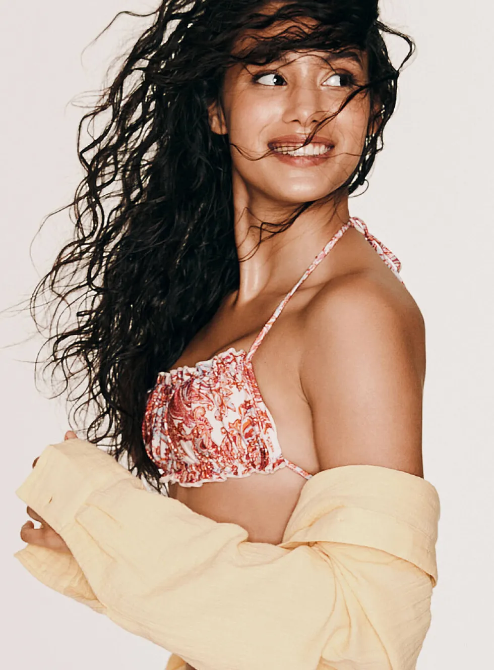 Wavy-trim cutout bandeau bikini top