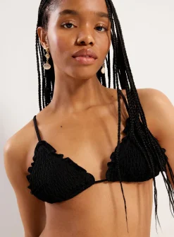 Wavy-trim smocked triangle bikini top