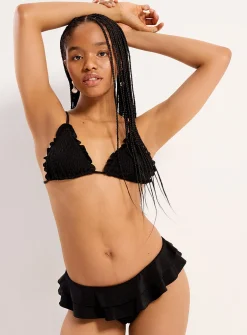Wavy-trim smocked triangle bikini top