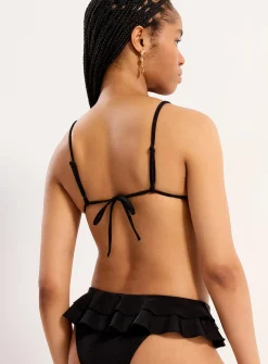Wavy-trim smocked triangle bikini top