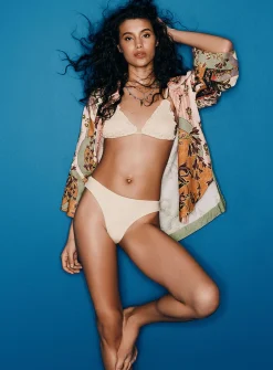 Wavy-trim smocked triangle bikini top