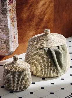 White accents small round seagrass basket