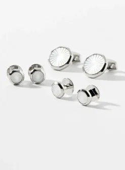 White mother-of-pearl cuff links and shirt buttons