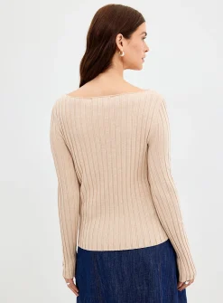 Wide ribbing fitted boat-neck sweater