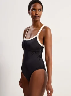 Wide-trim mesh V-neck one-piece