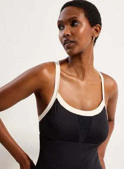 Wide-trim mesh V-neck one-piece