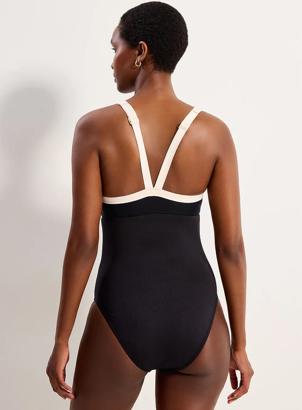 Wide-trim mesh V-neck one-piece