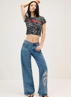 Winged heart embroidery wide-leg jeans