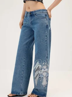Winged heart embroidery wide-leg jeans