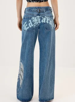 Winged heart embroidery wide-leg jeans