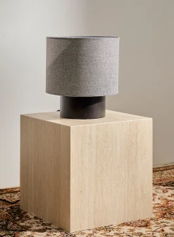 Wood and linen cylinder table lamp