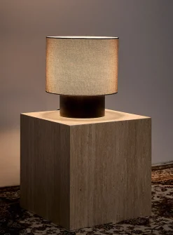 Wood and linen cylinder table lamp
