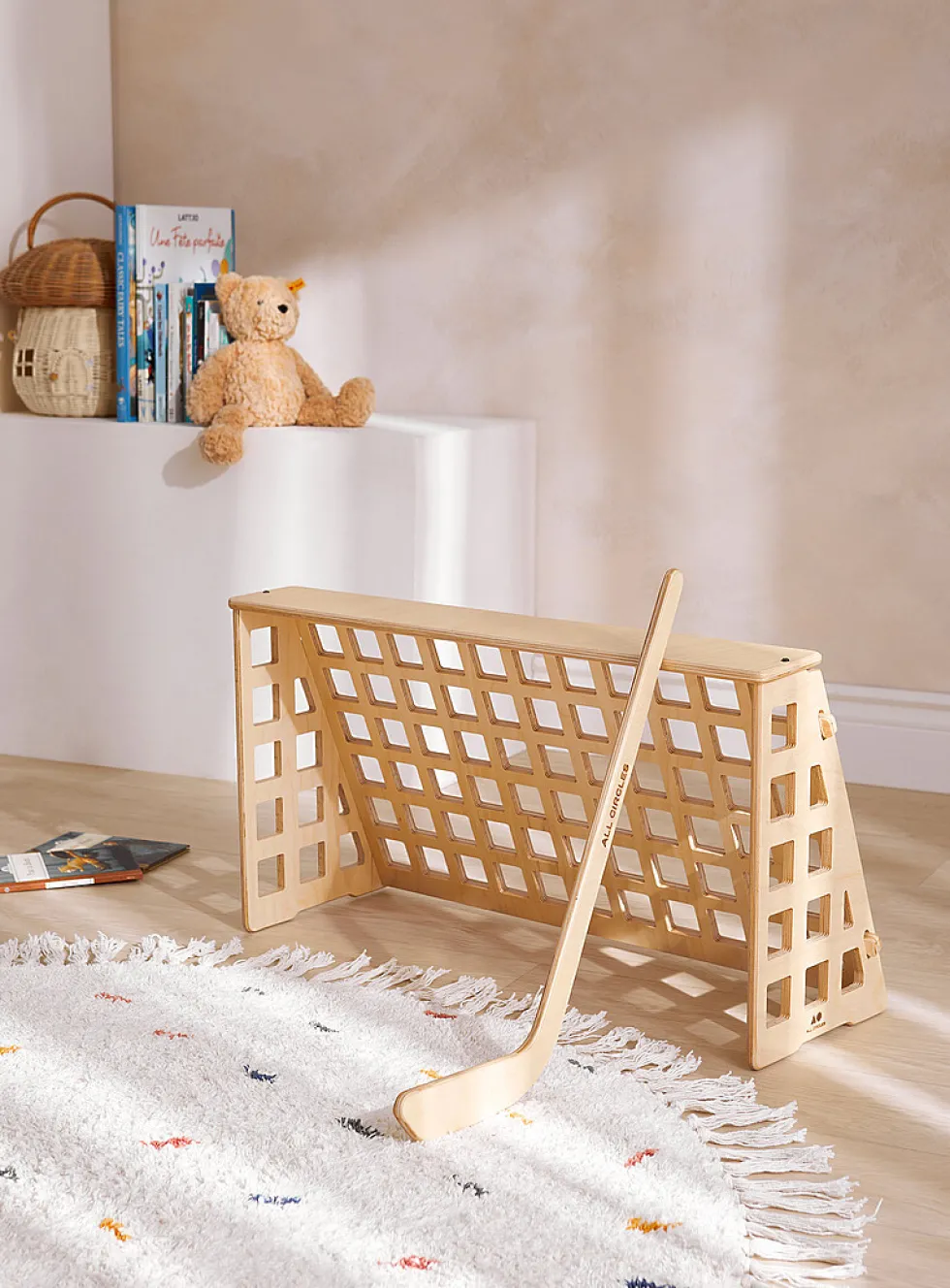 Wooden hockey net and stick set