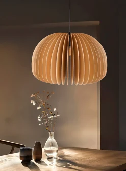 Wooden slat rounded hanging lamp