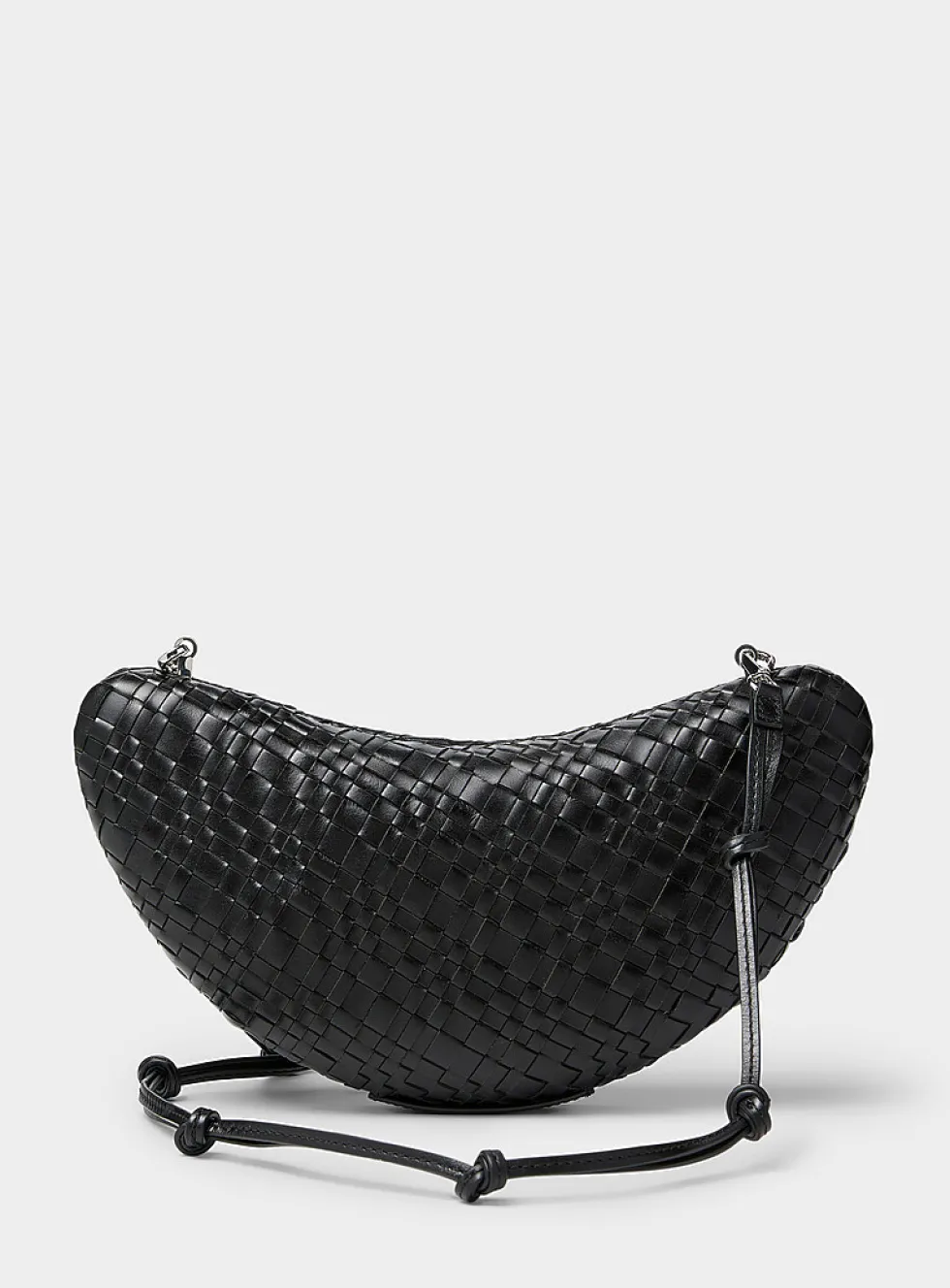 Woven leather crescent clutch