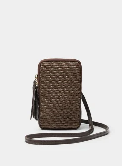 Woven straw and leather phone clutch