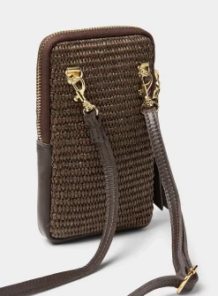 Woven straw and leather phone clutch