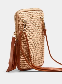 Woven straw and leather phone clutch