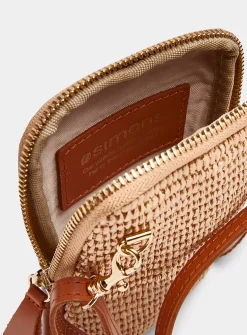 Woven straw and leather phone clutch