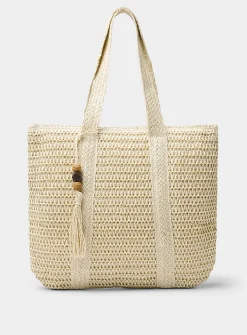XL braided straw tassel-charm tote bag