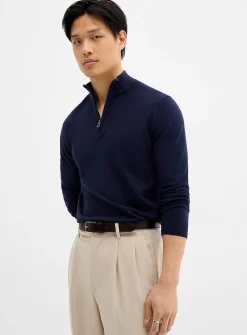 Zip-neck silky knit sweater
