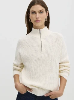 Zipped mock neck shaker rib sweater