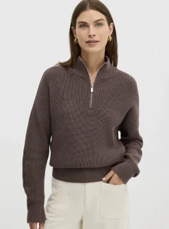 Zipped mock neck shaker rib sweater