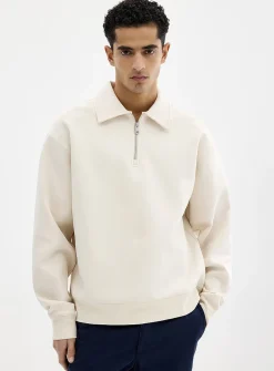 Zipped polo-collar structured jersey sweatshirt