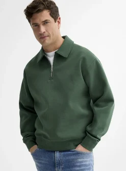 Zipped polo-collar structured jersey sweatshirt