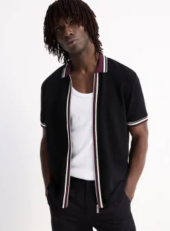 Zipped polo-collar waffled jersey cardigan