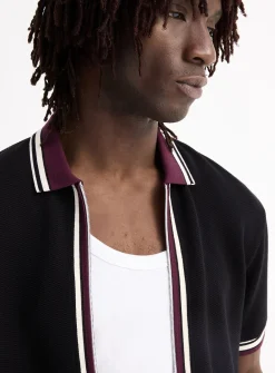Zipped polo-collar waffled jersey cardigan