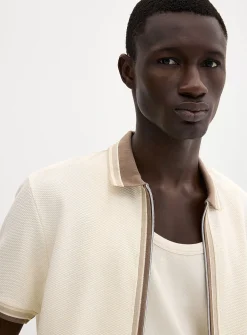 Zipped polo-collar waffled jersey cardigan