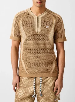 Zippered collar openwork knit soccer jersey