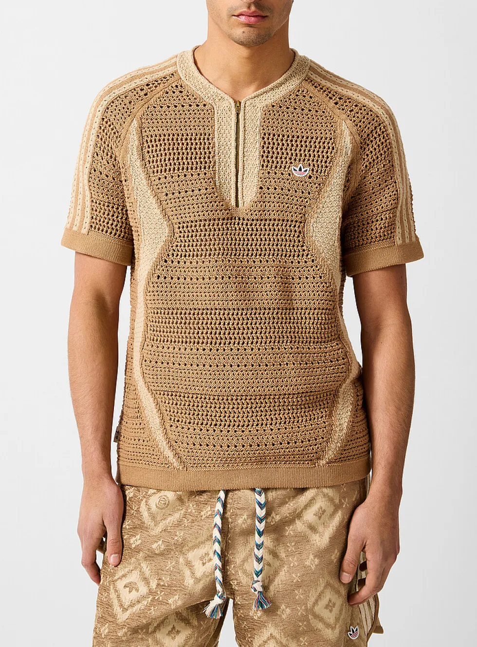 Zippered collar openwork knit soccer jersey