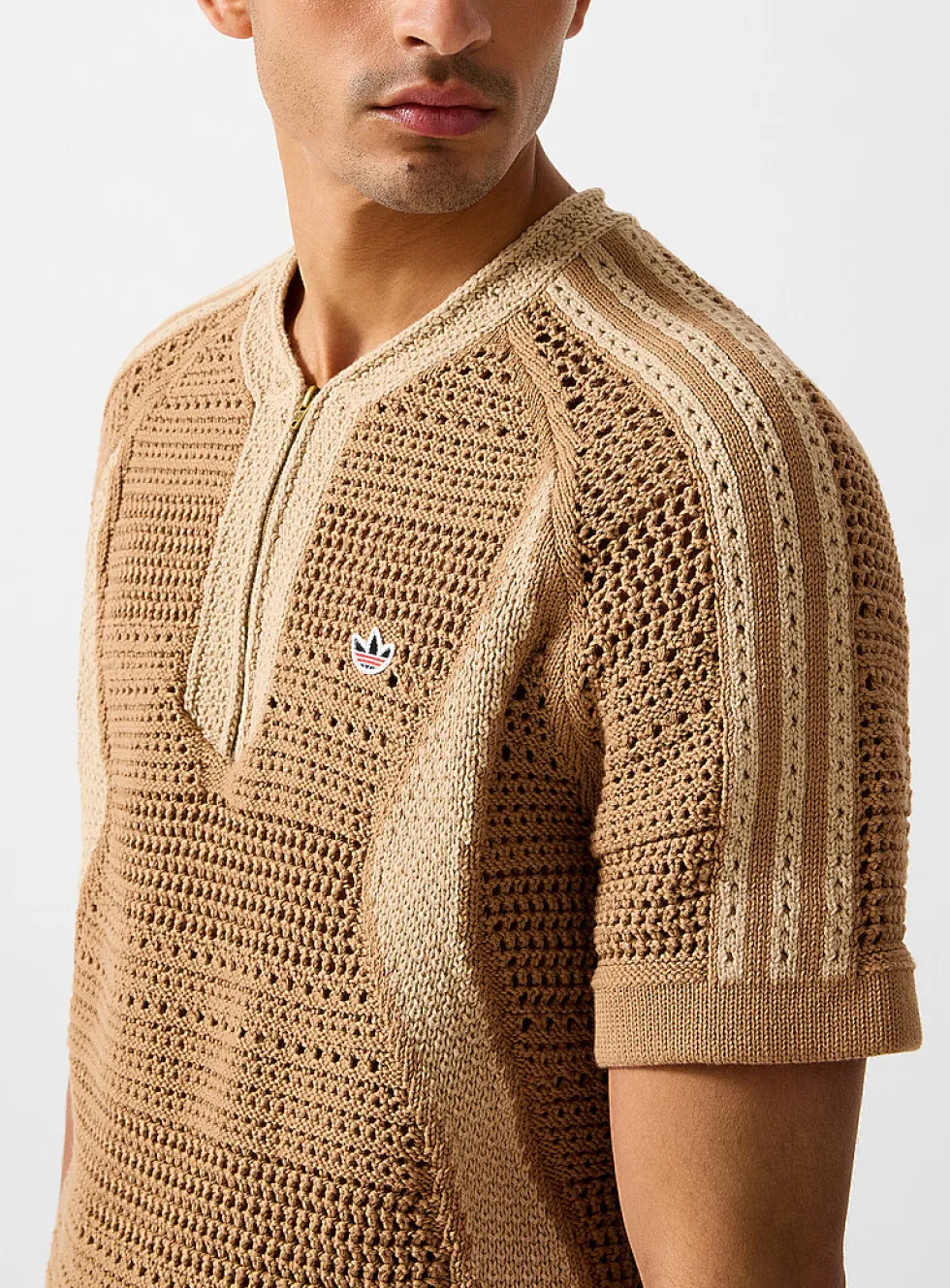 Zippered collar openwork knit soccer jersey