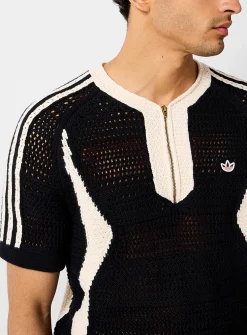 Zippered collar openwork knit soccer jersey
