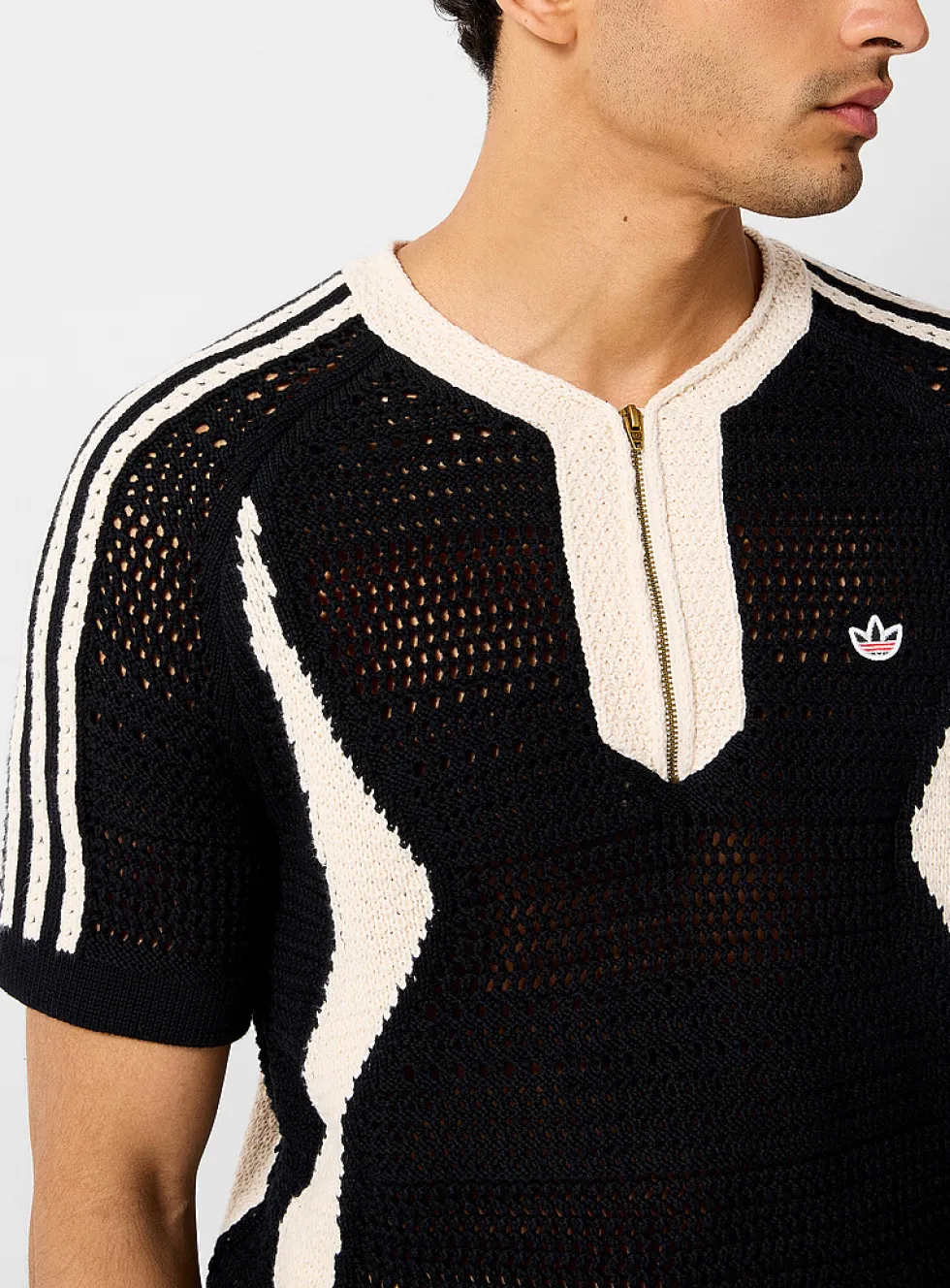 Zippered collar openwork knit soccer jersey