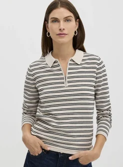 Zippered collar striped sweater