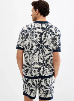 Abstract jacquard knit polo-collar cardigan