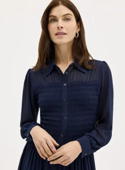 Airy crepe smocked shirtdress
