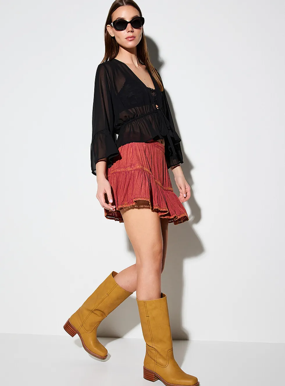 Bell sleeve sheer chiffon tie-front blouse
