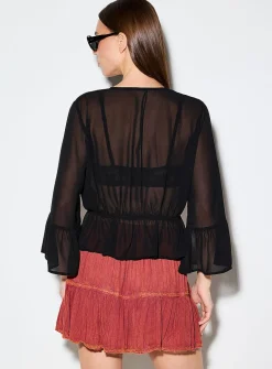 Bell sleeve sheer chiffon tie-front blouse