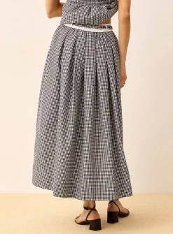 Belted flared gingham seersucker skirt