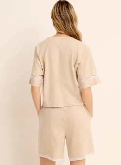 Boxy button-front lace-accent Supima® cotton T-shirt