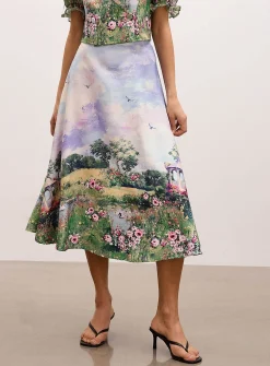 Bucolic landscape flared midi skirt