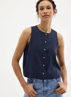 Button-front pure linen cami