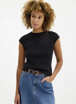 Cap-sleeve fitted ribbed T-shirt