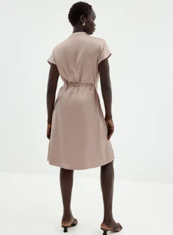 Cap-sleeve officer-collar satiny dress