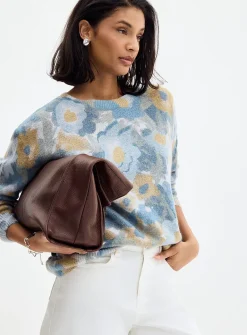 Colorful flower garden fuzzy knit sweater