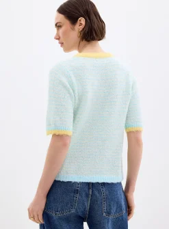 Contrasting trim striped fuzzy cardigan
